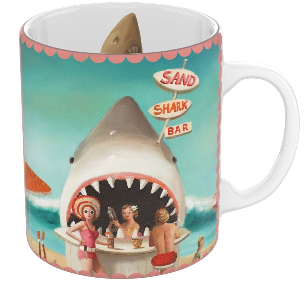 A Shark Bar Mug featuring an image of a shark and a woman on the beach by Janet Hill, created by New York Puzzle Company.