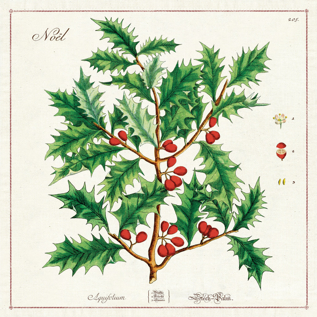 A printed napkin featuring an illustration of holly leaves and berries.