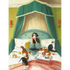 A whimsical painting of a woman sitting on a luxurious bed with cats, featuring the Breakfast in Bed Puzzle by New York Puzzle Company.