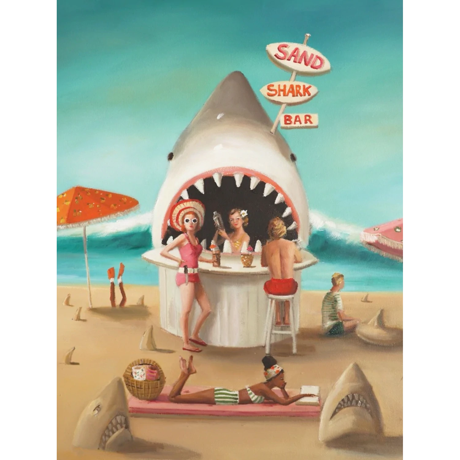 Beachgoers enjoying refreshments at a whimsical Sand Shark Bar depicted in a New York Puzzle Company jigsaw puzzle.