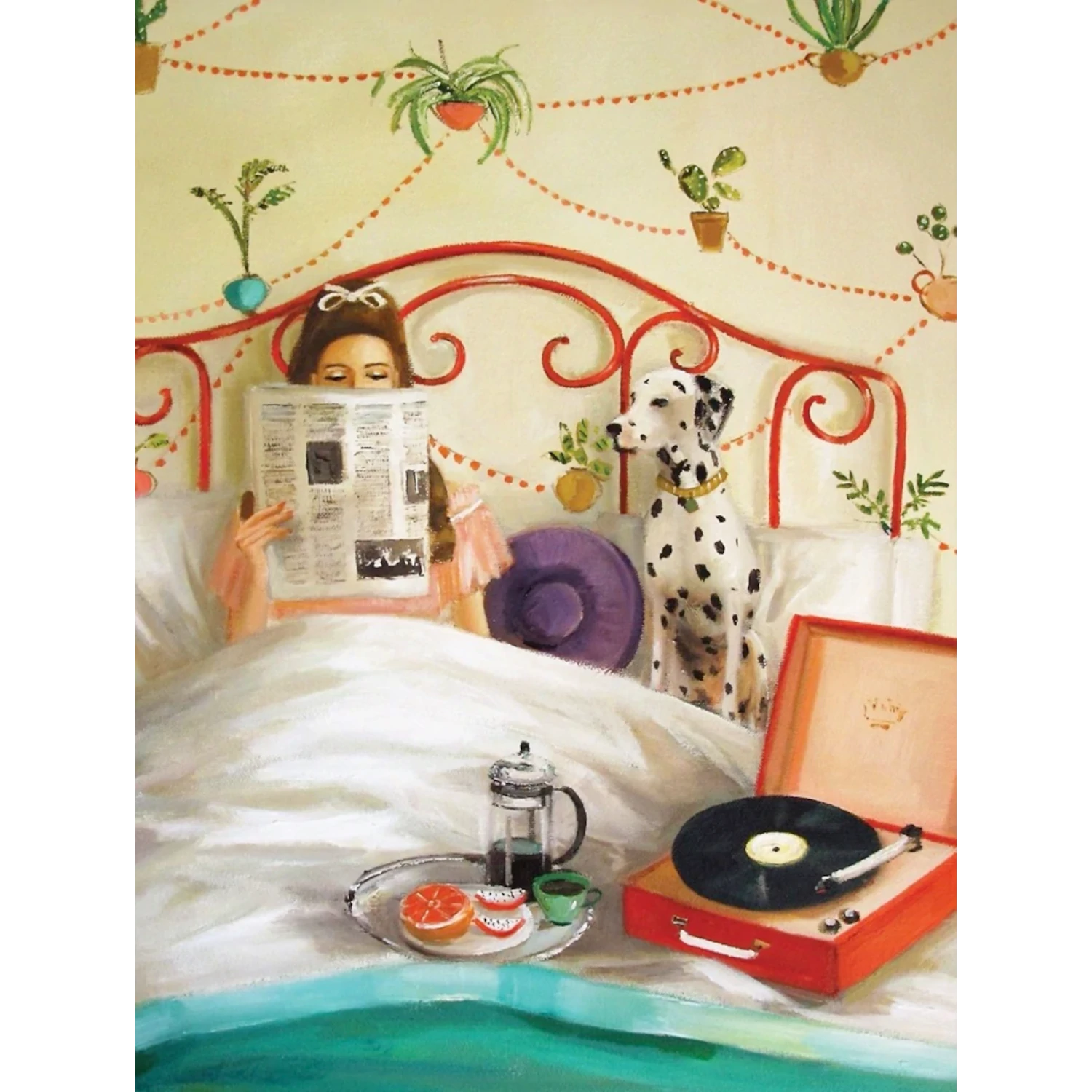 A woman enjoying a morning scene, reading a newspaper in bed with a dog and solving the Houseplants Puzzle by New York Puzzle Company.