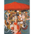 A woman holding a red umbrella surrounded by numerous illustrated cats in various poses and expressions is portrayed in a whimsical painting by Janet Hill on the Cat Countess Puzzle by New York Puzzle Company.