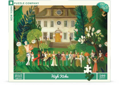 A High Kicks Puzzle from New York Puzzle Company depicting a painting by artist Janet Hill of a group of people in front of a house.