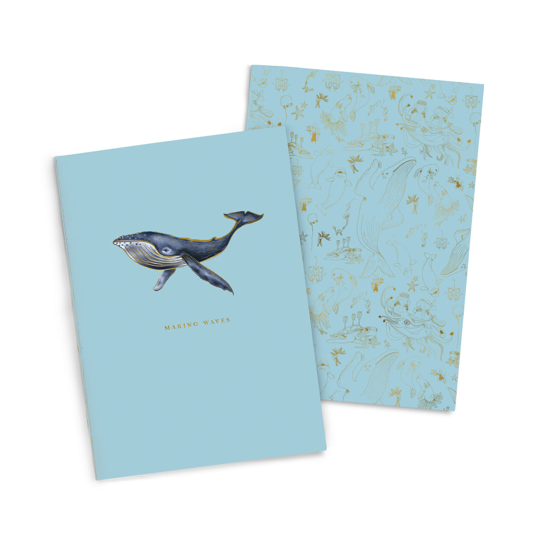 Two Making Waves Notebook Duo with marine-themed designs isolated on a white background by Good Juju Ink.