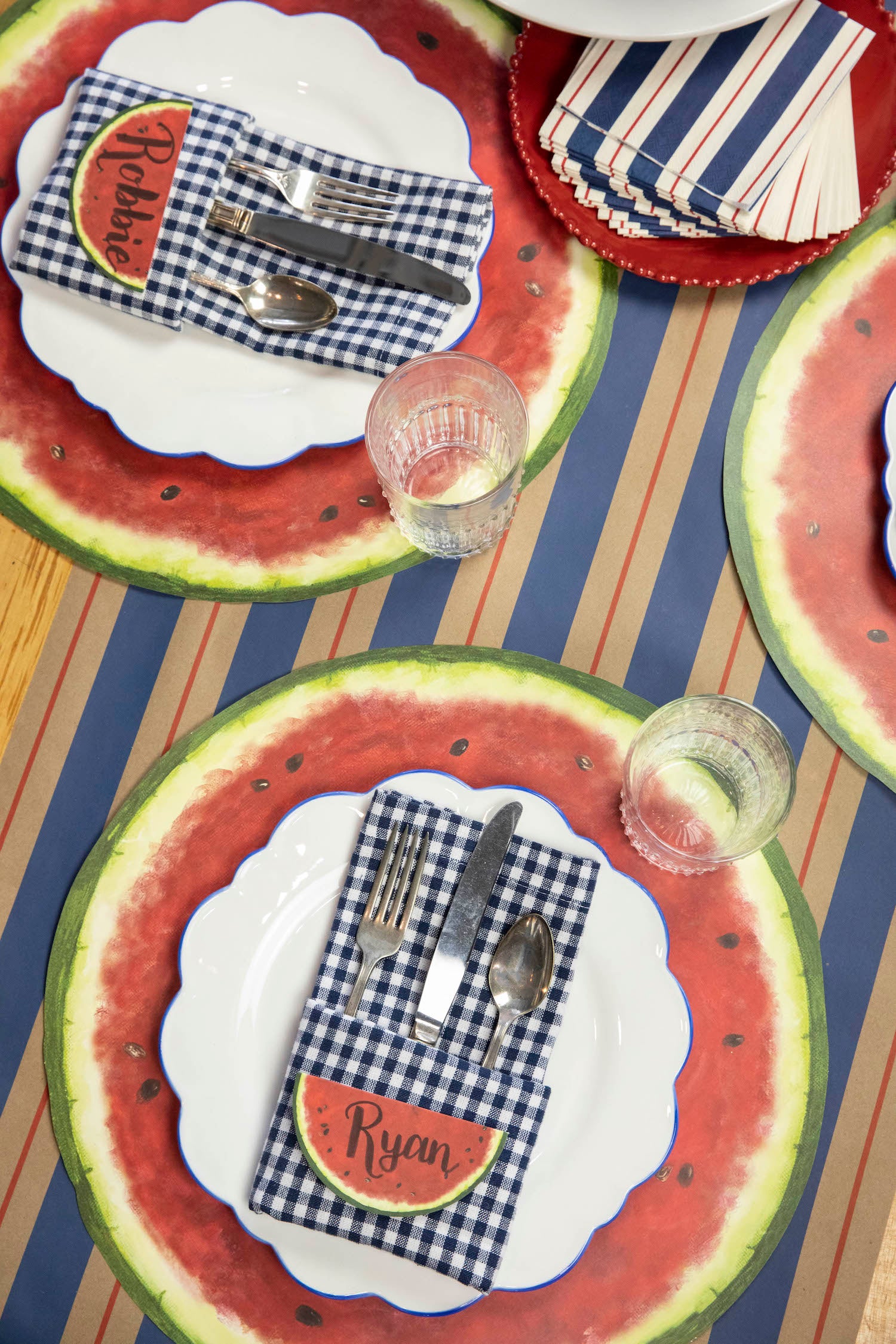 4th of July table setting with Kraft Navy &amp; Red Awning Stripe Runner placemats by Hester &amp; Cook and entertaining.