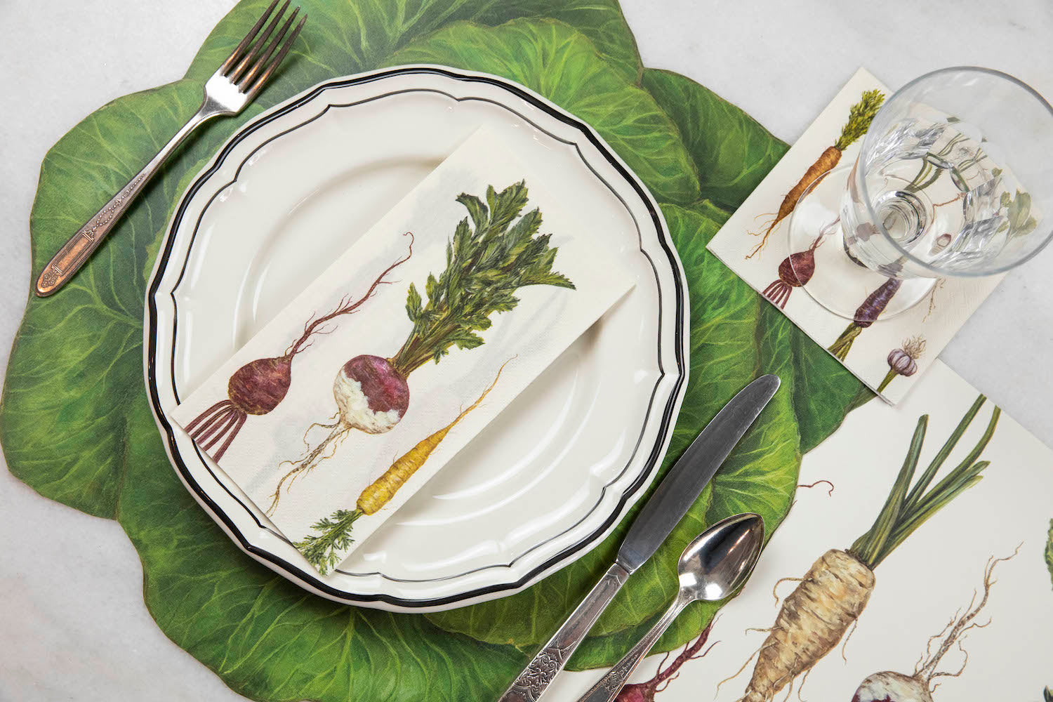 A placemat adorned with a bountiful display of harvest vegetables, sourced from local farmers&