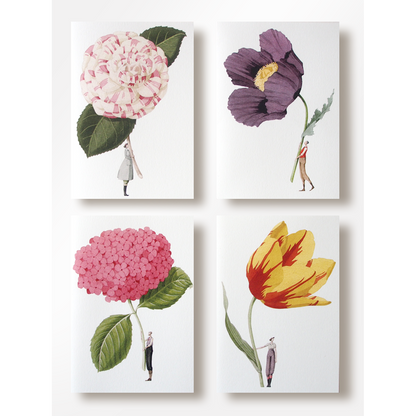 A set of four In Bloom Notecards 1, Set of 8 with beautiful botanical illustrations of flowers on them by Hester &amp; Cook.