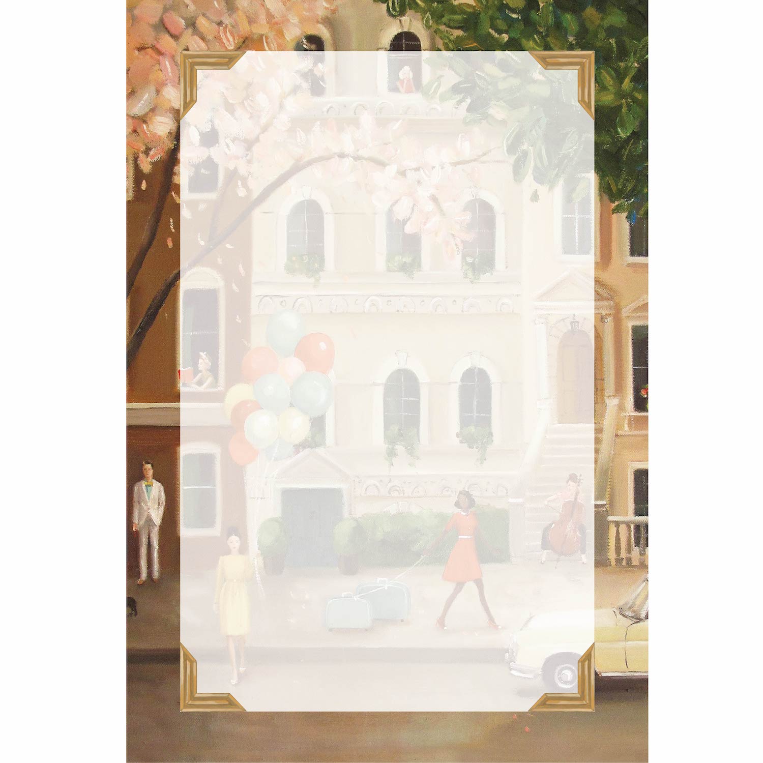 A spiral-bound painting by Janet Hill Studio depicting a woman walking down the street with balloons, inspired by a Hester &amp; Cook Atticus Bailey Notepad.