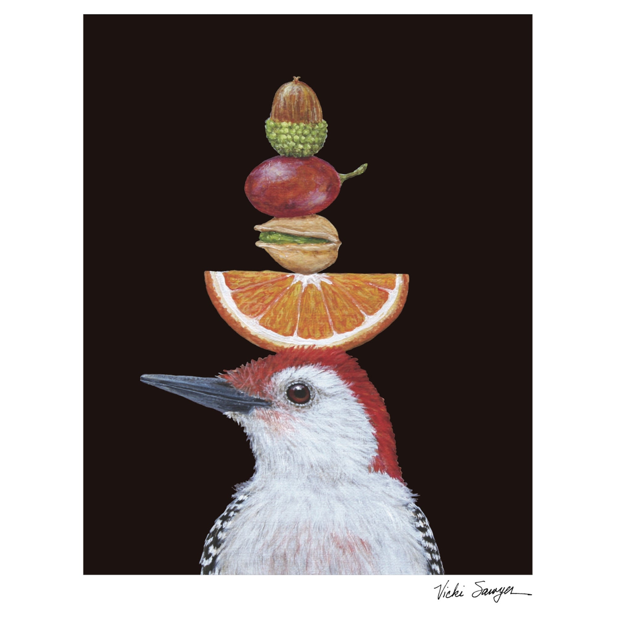 A red-winged woodpecker with oranges on his head printed on a Hester &amp; Cook Snack Time Art Print.