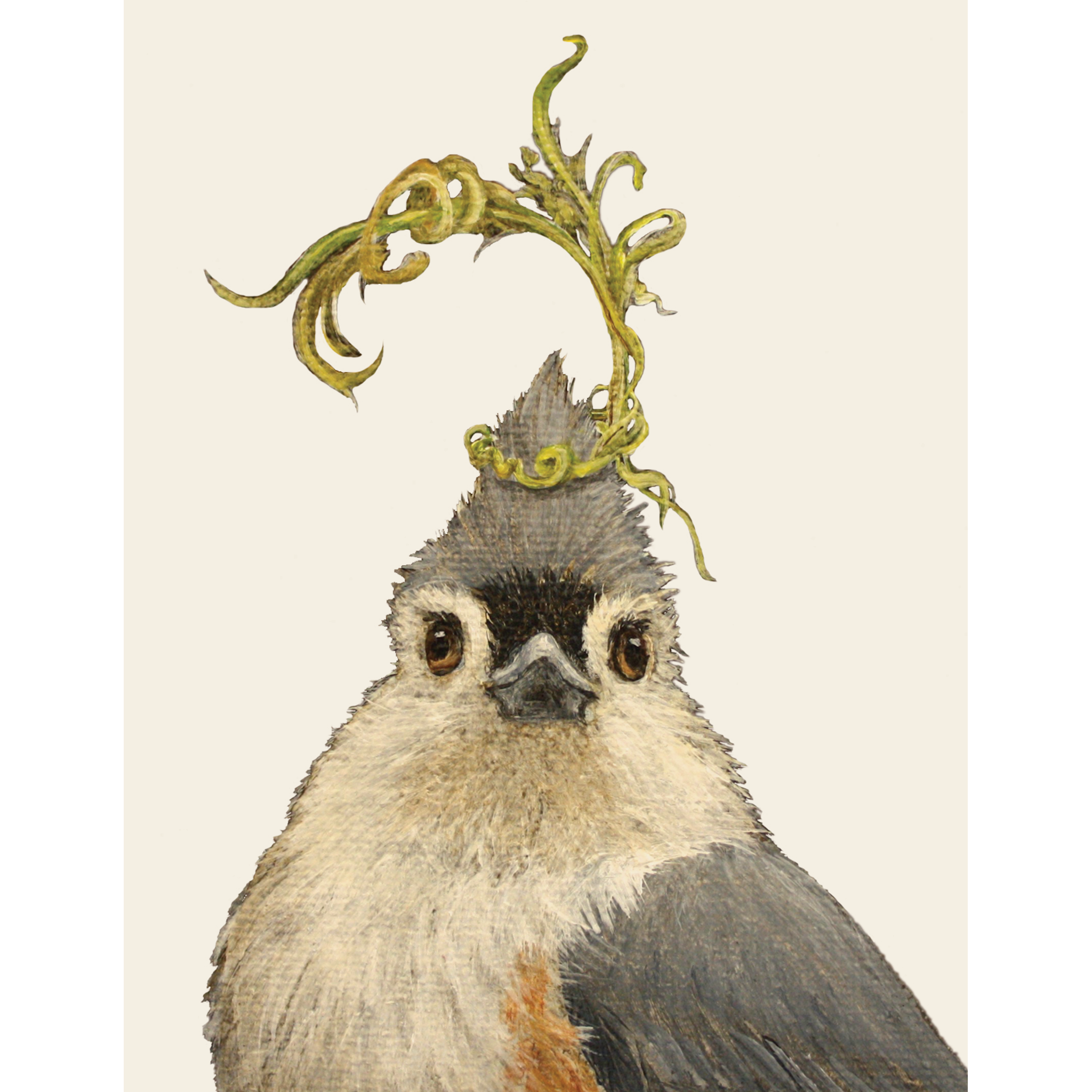 Artwork illustration of a bird with a whimsical crown of green foliage on its head by Hester &amp; Cook.