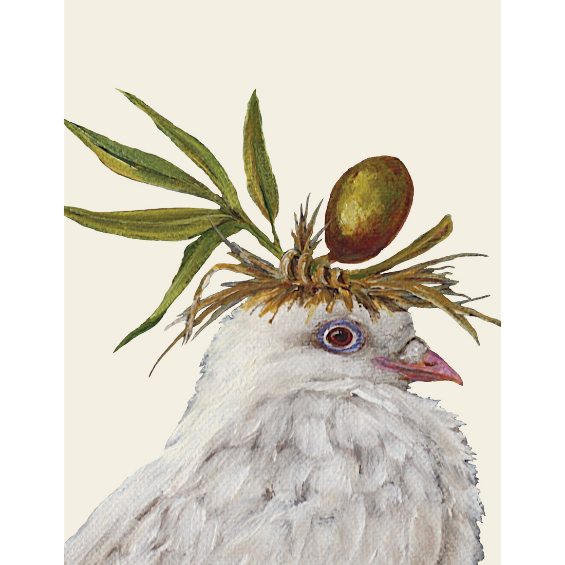 A painting of a white dove with an olive on its head, representing an original artwork by Hester &amp; Cook&