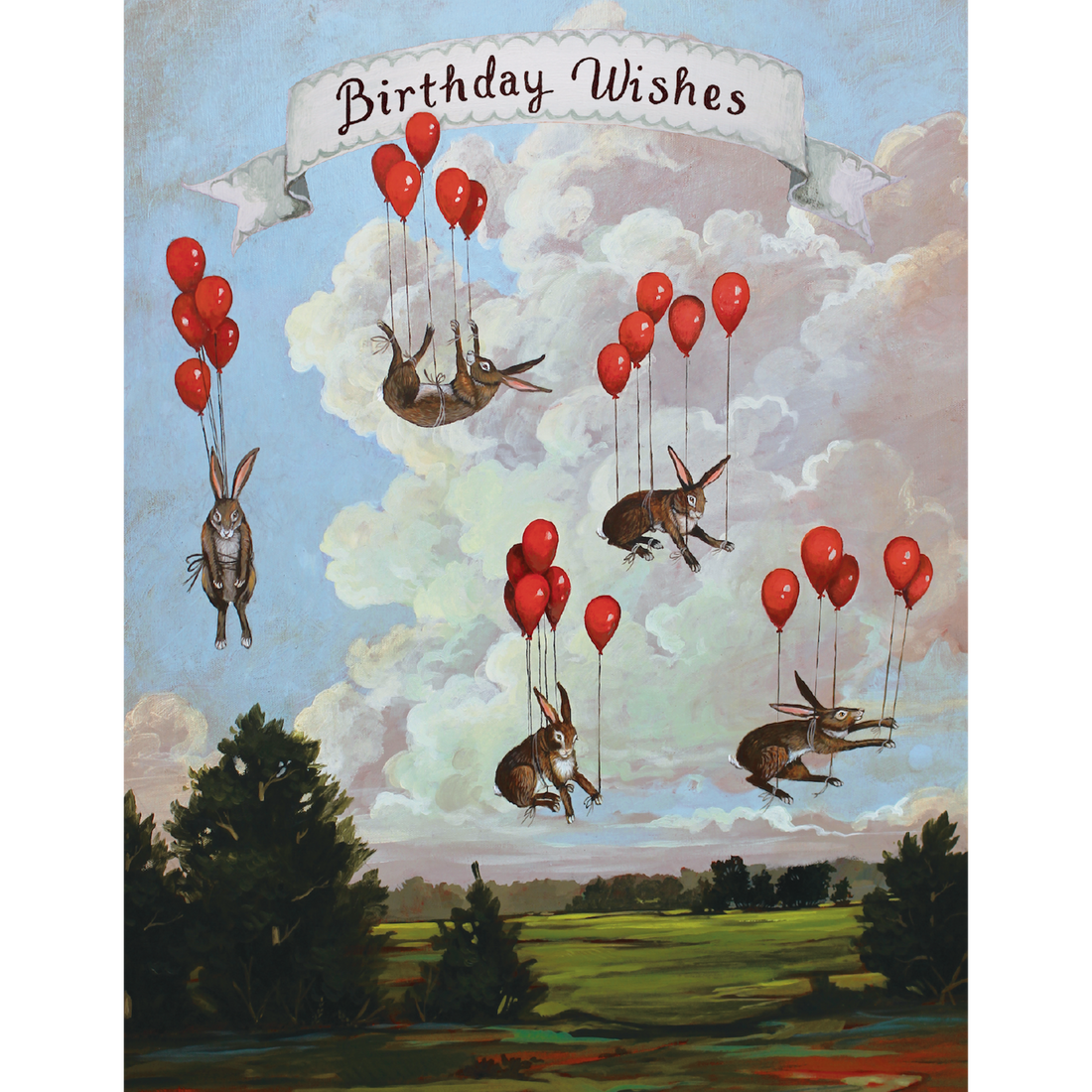 A whimsical illustration of five brown rabbits floating through the cloudy blue sky by the strings of red balloons over a green landscape, with a banner reading &quot;Birthday Wishes&quot; across the top of the card.