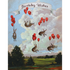 A whimsical illustration of five brown rabbits floating through the cloudy blue sky by the strings of red balloons over a green landscape, with a banner reading "Birthday Wishes" across the top of the card.