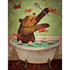 A whimsical illustration of a brown bear sitting in a vintage claw-foot bathtub, toy boats floating in the water and red propeller planes flying through the air.