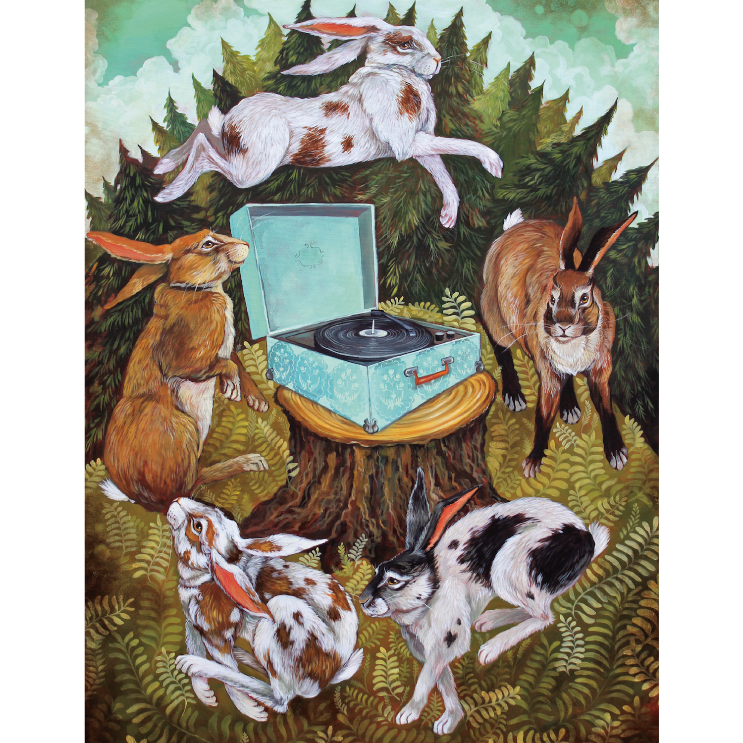 An artwork depicting Rabbit Dance Card with a record player in the woods by Hester &amp; Cook.
