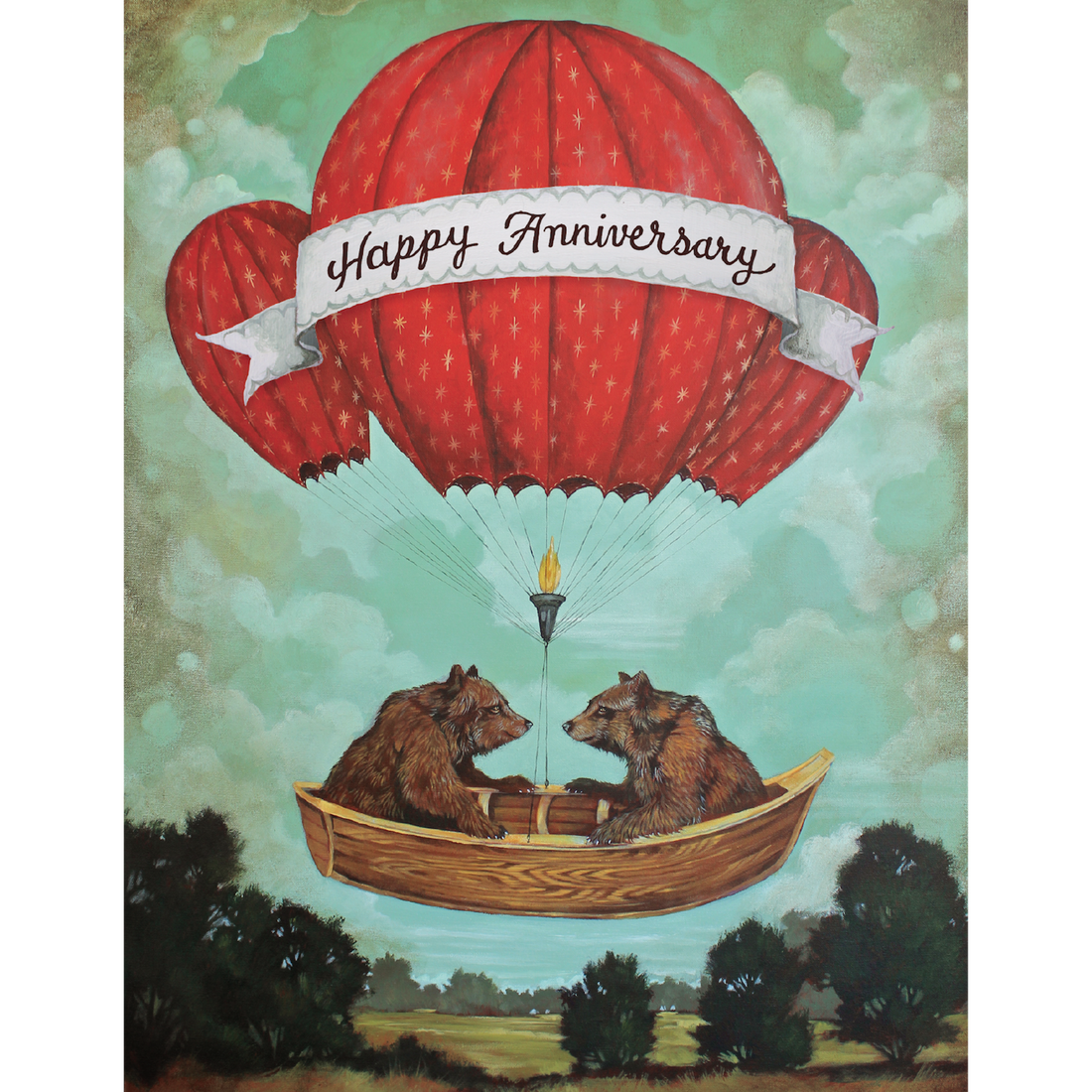 A whimsical illustration of two brown bears sitting in a wooden canoe which is suspended by a red hot air balloon with a ribbon reading &quot;Happy Anniversary&quot; in a teal cloudy sky over a green landscape.