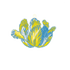 Illustration of a stylized, blue and yellow feathered design on a dark background, inspired by the Hester & Cook Jardiniere Gift Tag collaboration.