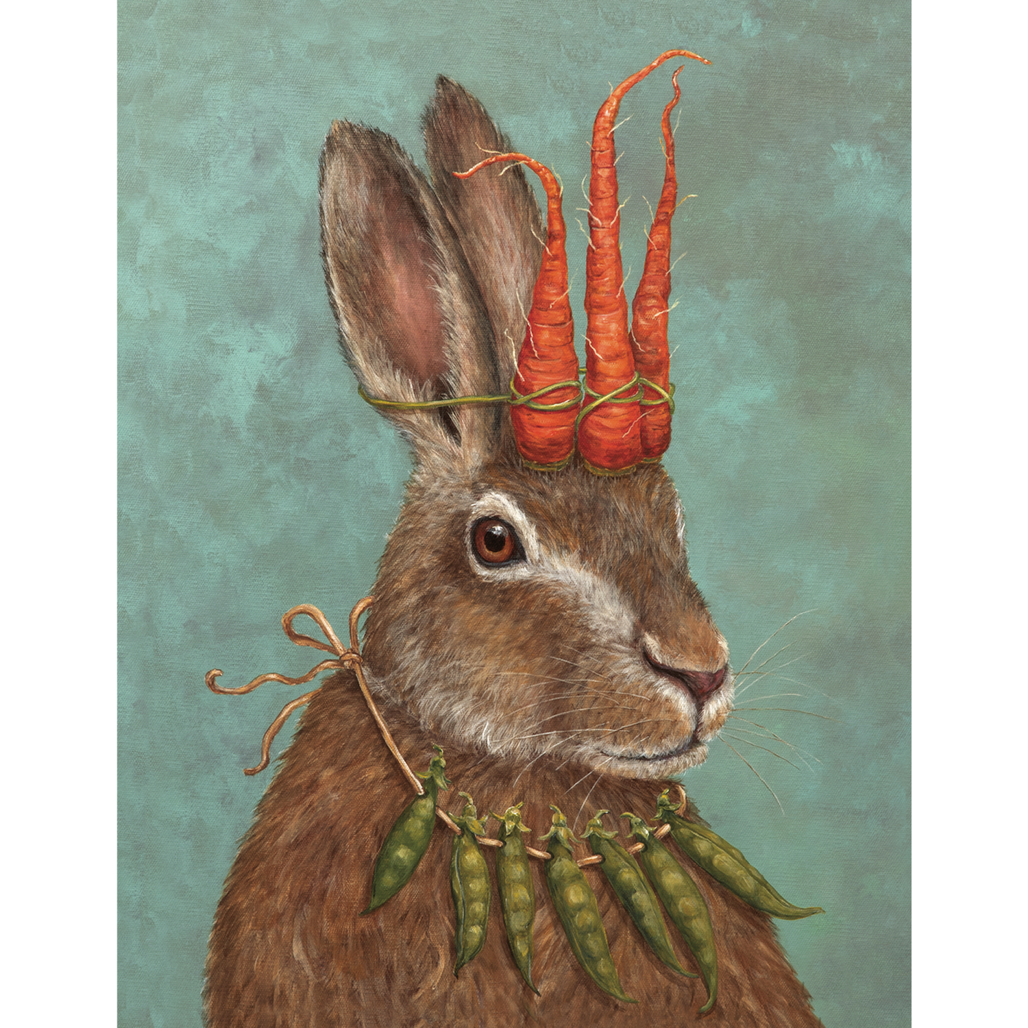 This artwork showcases a rabbit wearing a crown of carrots, created by Vicki Sawyer and proudly made in the USA. The Garden Prince Card, by Hester &amp; Cook.
