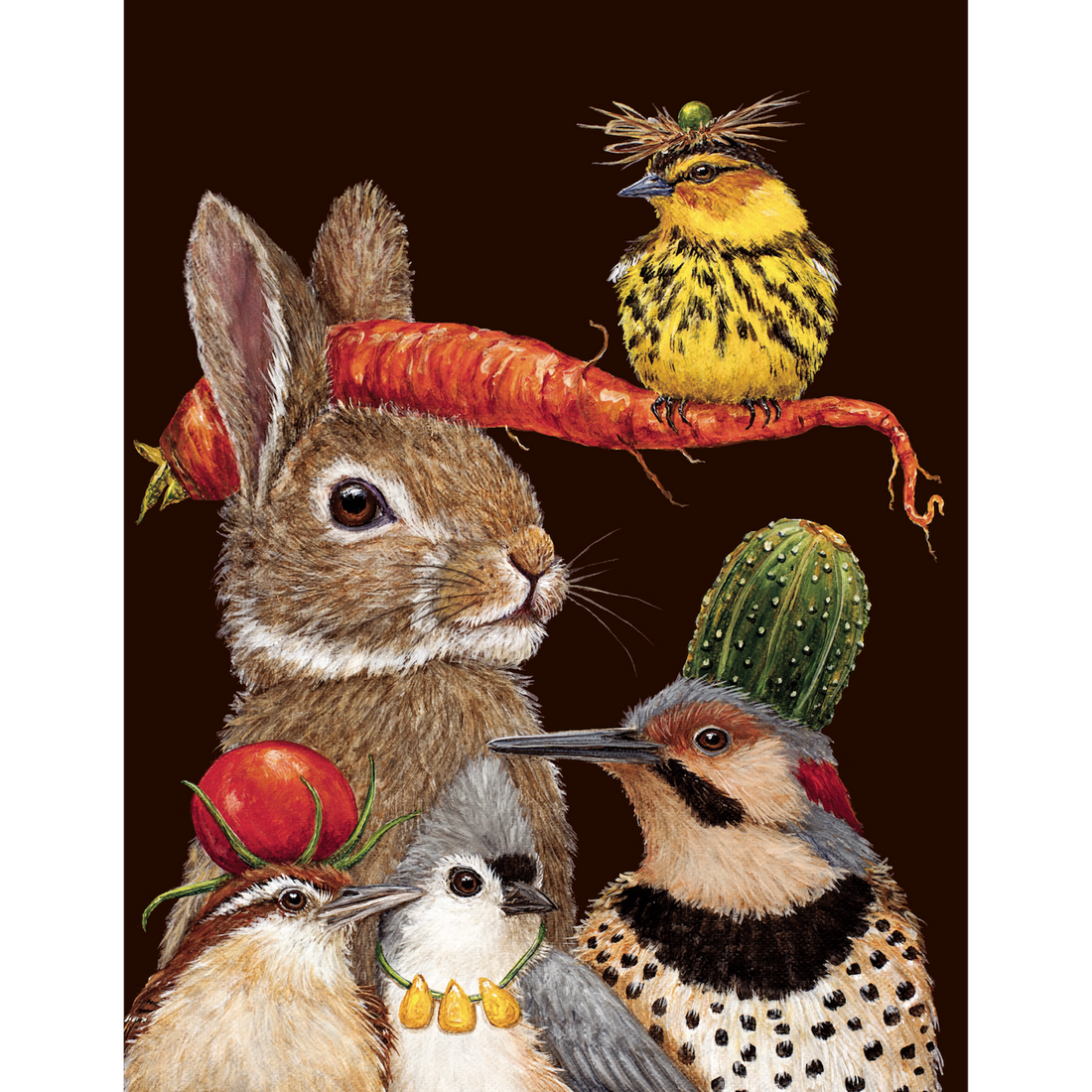 An original artwork by Vicki Sawyer featuring a wildlife group of a rabbit, cactus bird, and cactus - the Harvest Party Card by Hester &amp; Cook.