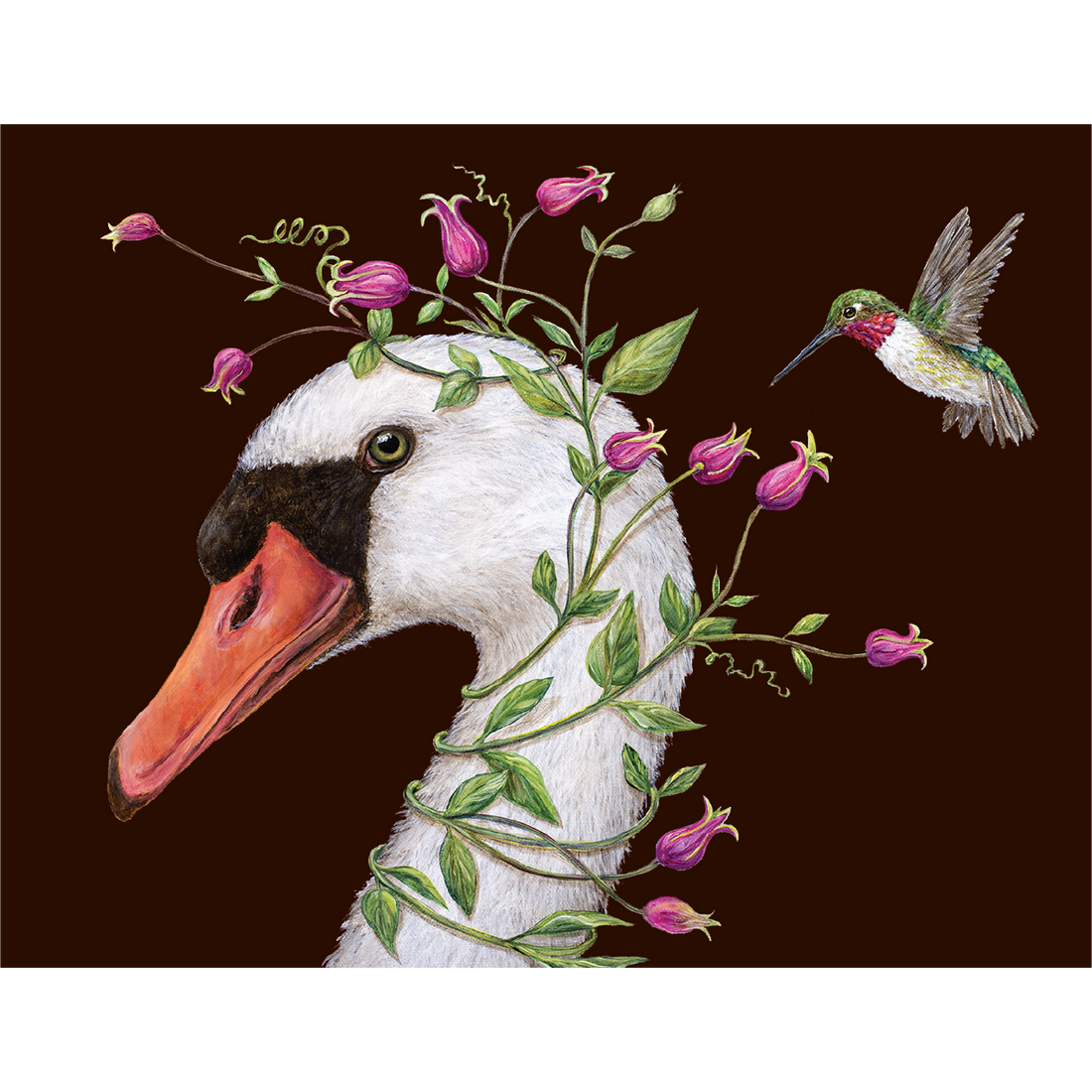 An artwork featuring a beautiful swan adorned with flowers on its head and accompanied by a graceful hummingbird, the Iris and Stanley Card by Hester &amp; Cook.