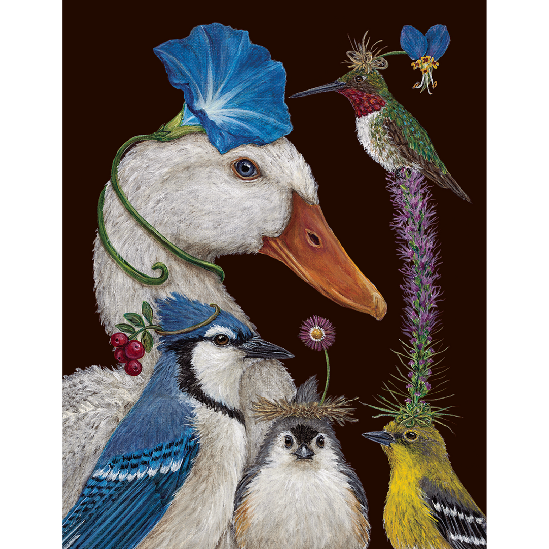 An animal scene artwork featuring a drawing of a goose and birds with flowers on their heads. Perfect for a Summer Party card by Hester &amp; Cook.