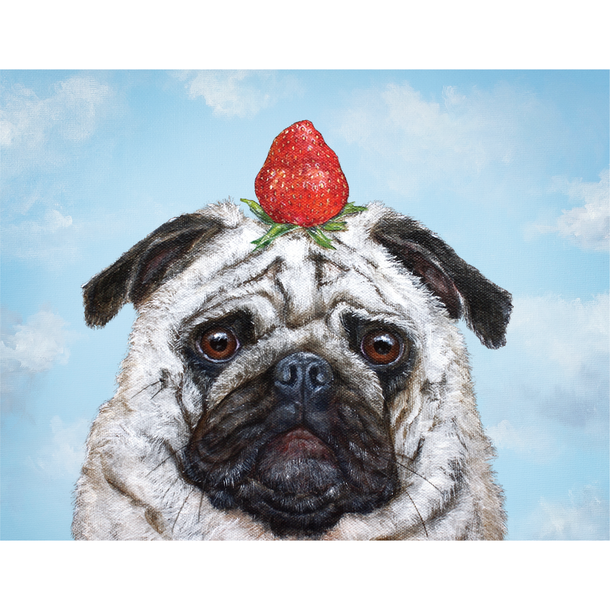 A Hester &amp; Cook Strawberry Pug adorned with a strawberry on his head, perfect for a unique greeting card.