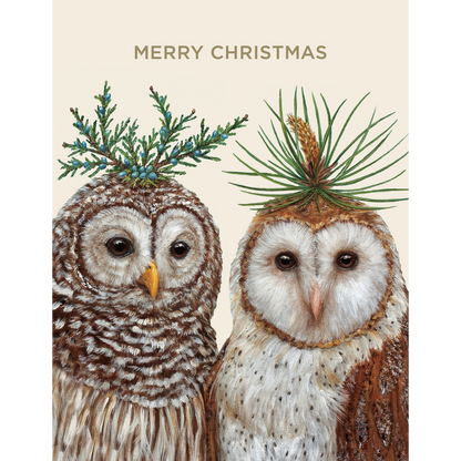 Two Winter Owls wearing pine cones on their heads with gold foiled lettering by Hester &amp; Cook&