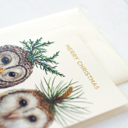 Winter Owls card with gold foiled lettering by Hester &amp; Cook.