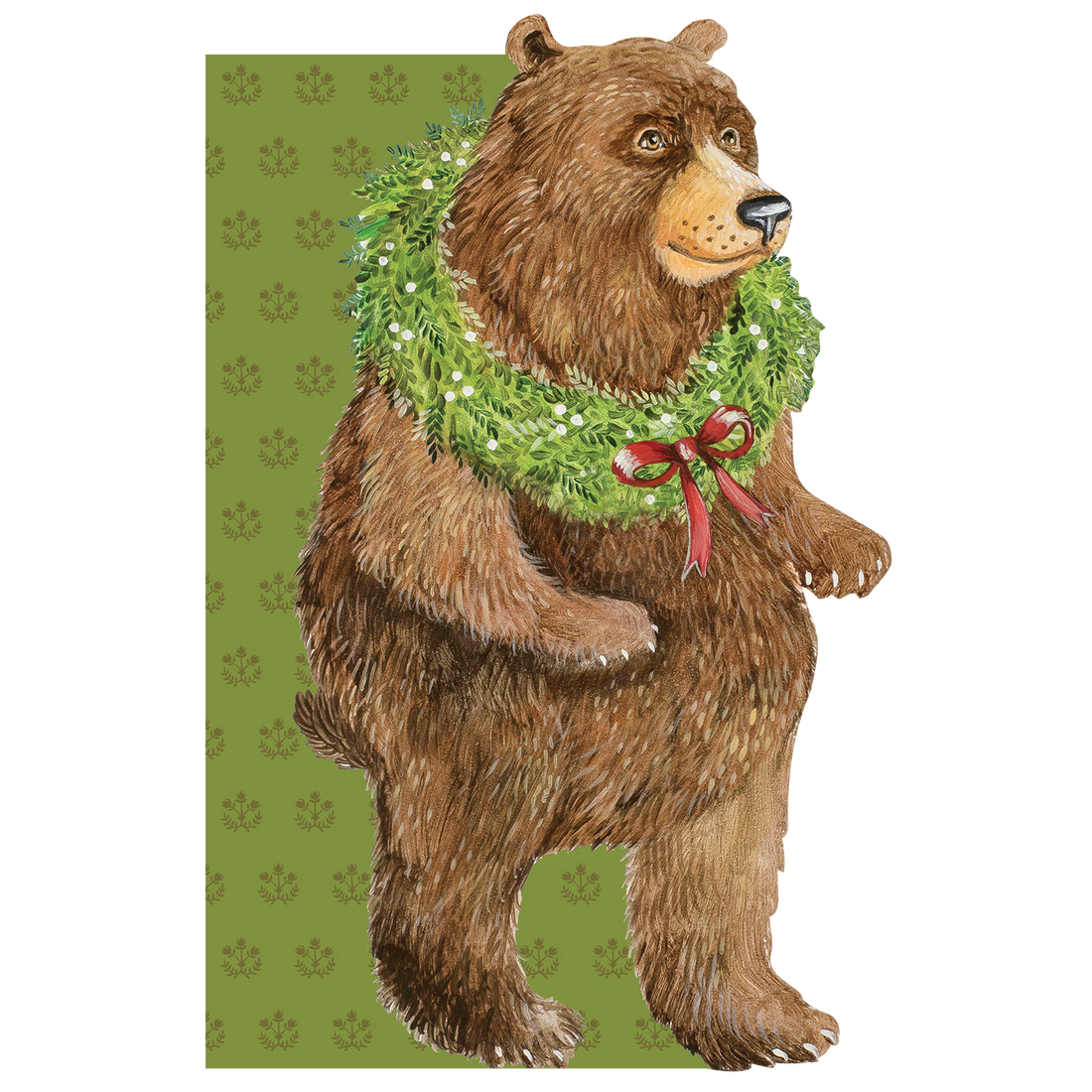 A die-cut whimsical illustration of a brown bear standing on hind legs wearing a green wreath with a red bow around their neck, over a green patterned background where the bear extends beyond the rectangular edges of the card.