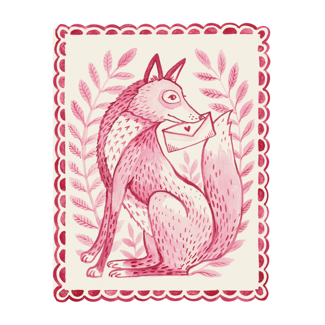 A monochrome red watercolor illustration of a stylized fox holding a heart-sealed letter in its mouth, surrounded by a die-cut frame resembling the edges of a postage stamp.