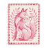 A monochrome red watercolor illustration of a stylized fox holding a heart-sealed letter in its mouth, surrounded by a die-cut frame resembling the edges of a postage stamp.