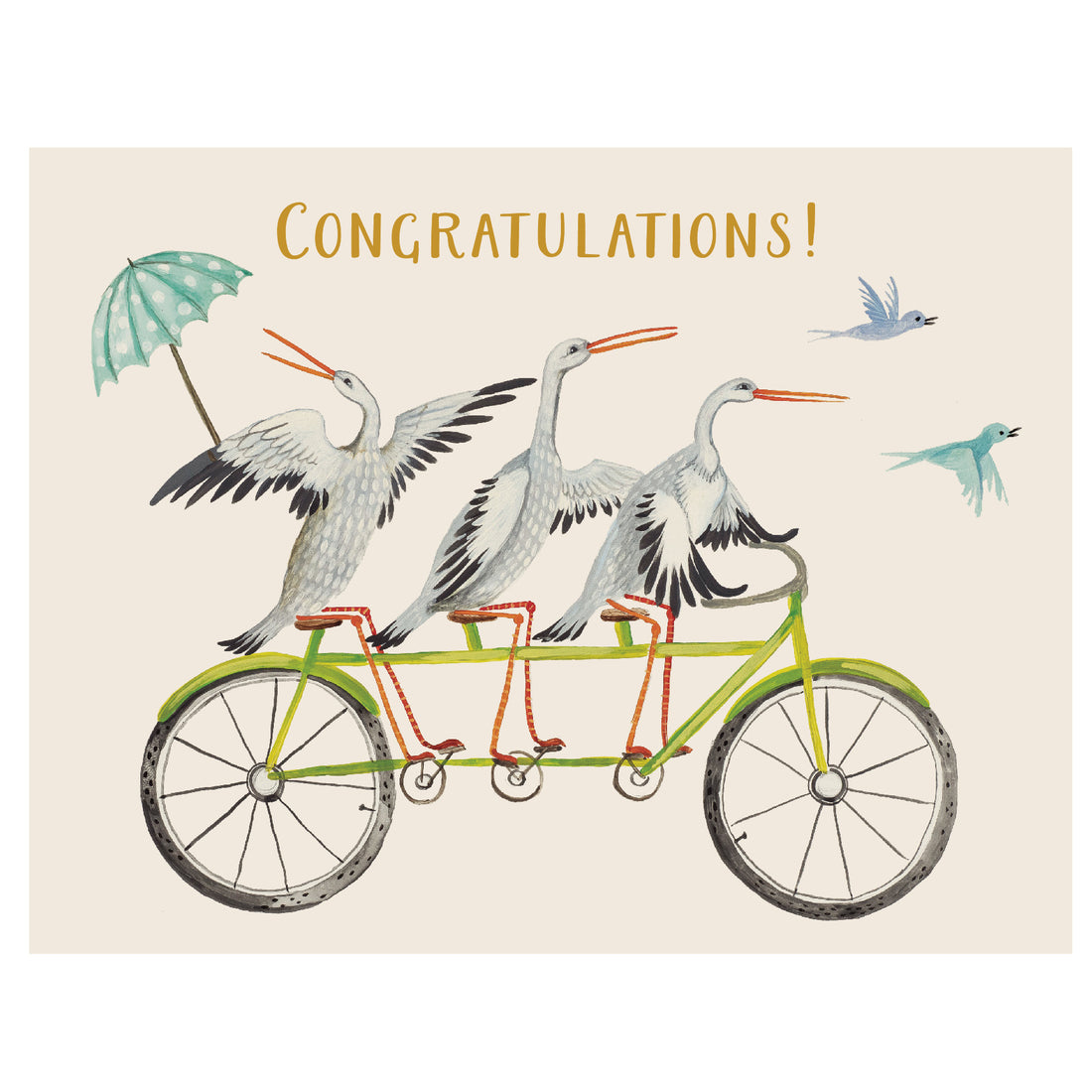 A whimsical illustration of three white and black storks riding on a green tandem bicycle over a beige background, with &quot;CONGRATULATIONS!&quot; printed in gold across the top of the card.