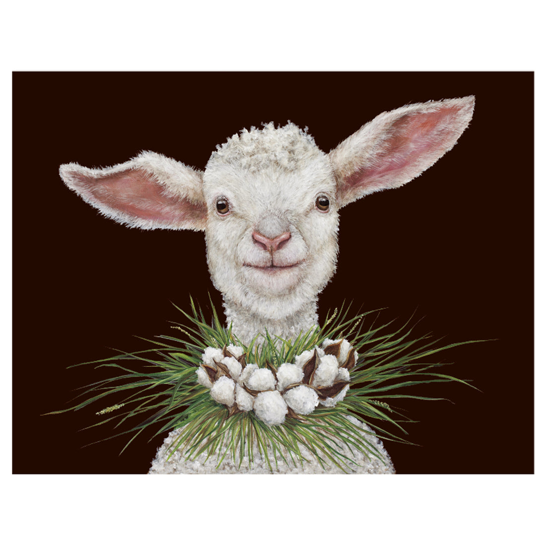 An original artwork by Vicki Sawyer depicting a sheep adorned with a wreath of pine cones called the Elizabeth Card from the brand Hester &amp; Cook.