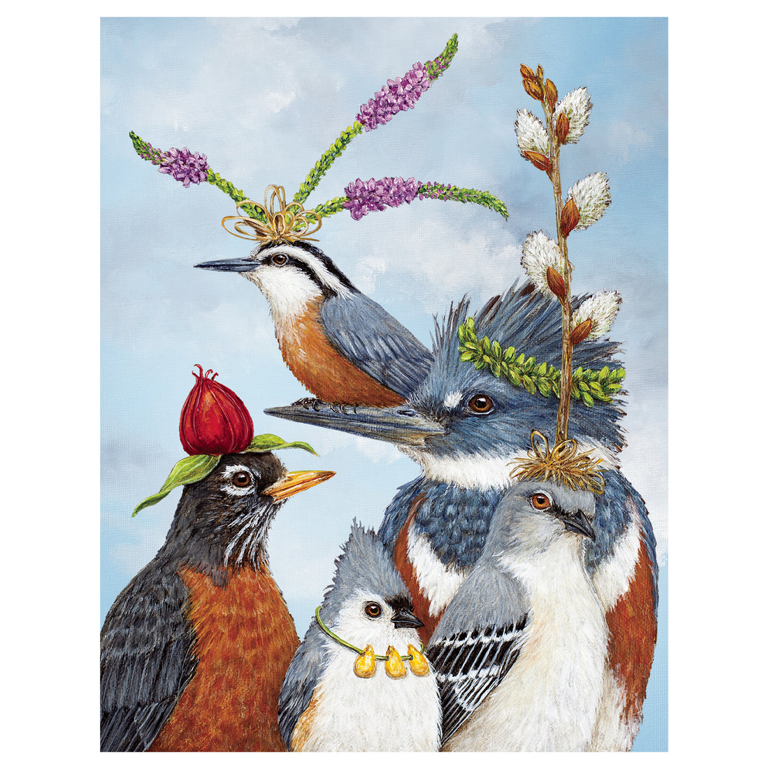 A vibrant Party Friends Card showcasing a flock of birds adorned with colorful flowers on their heads from Hester &amp; Cook.