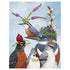 A vibrant Party Friends Card showcasing a flock of birds adorned with colorful flowers on their heads from Hester & Cook.