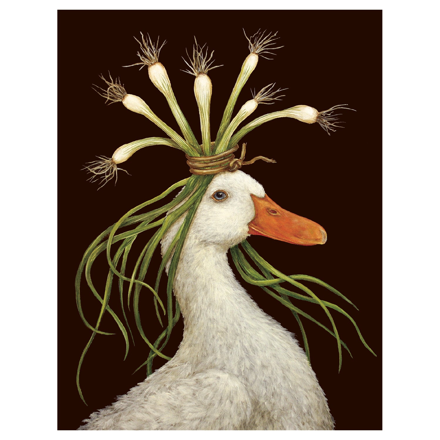 An artwork by Vicki Sawyer depicting a goose wearing a Miranda Card by Hester &amp; Cook on its head, proudly made in the USA.