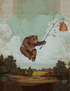 A whimsical illustration of a brown bear flying through the air with the help of dozens of bees tied to them by strings, holding aloft a stick with a beehive hanging from it over a teal cloudy sky over a green landscape.