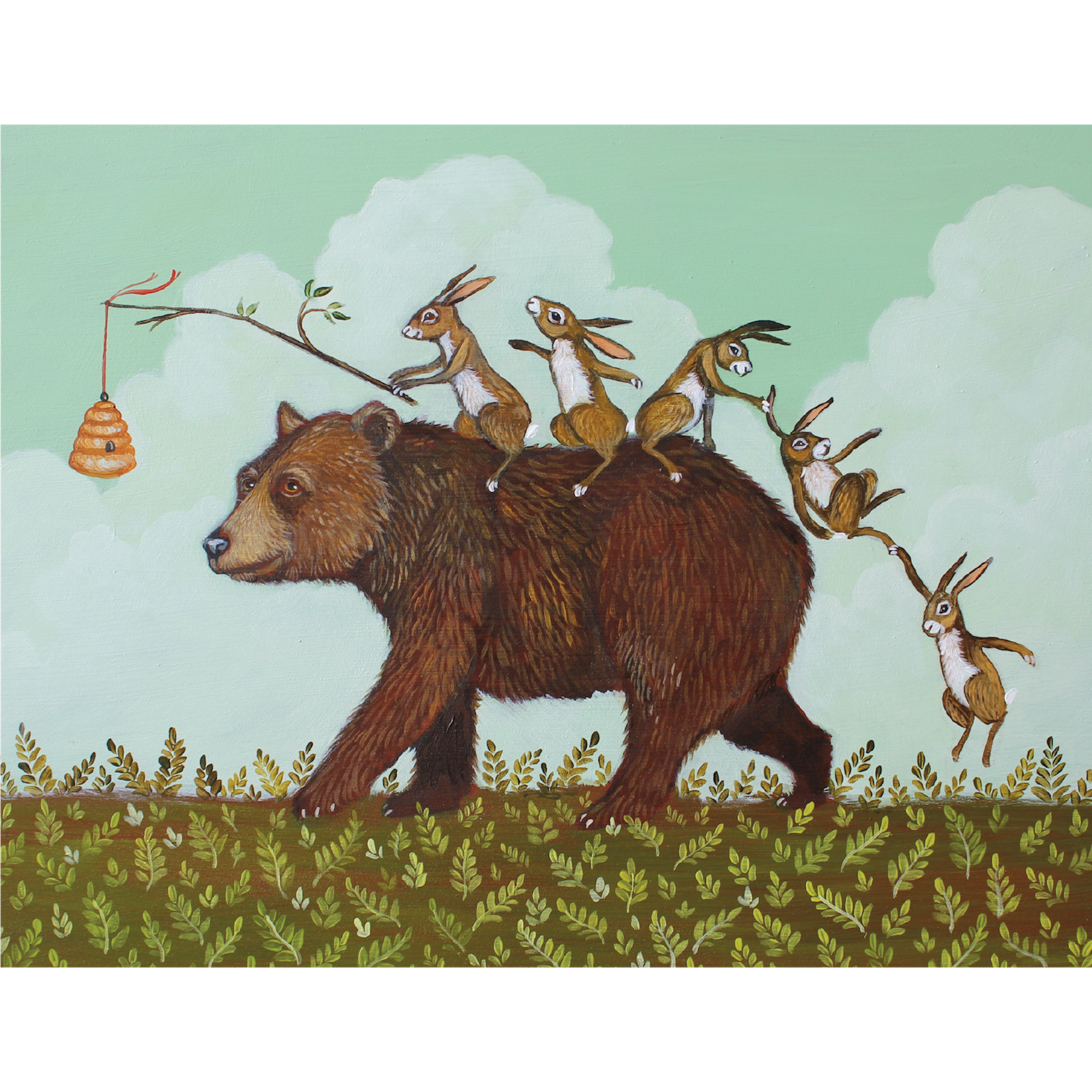 An original artwork by Elizabeth Foster featuring a bear with rabbits riding on his back. Perfect for the One Sweet Ride Card gift from Hester &amp; Cook.