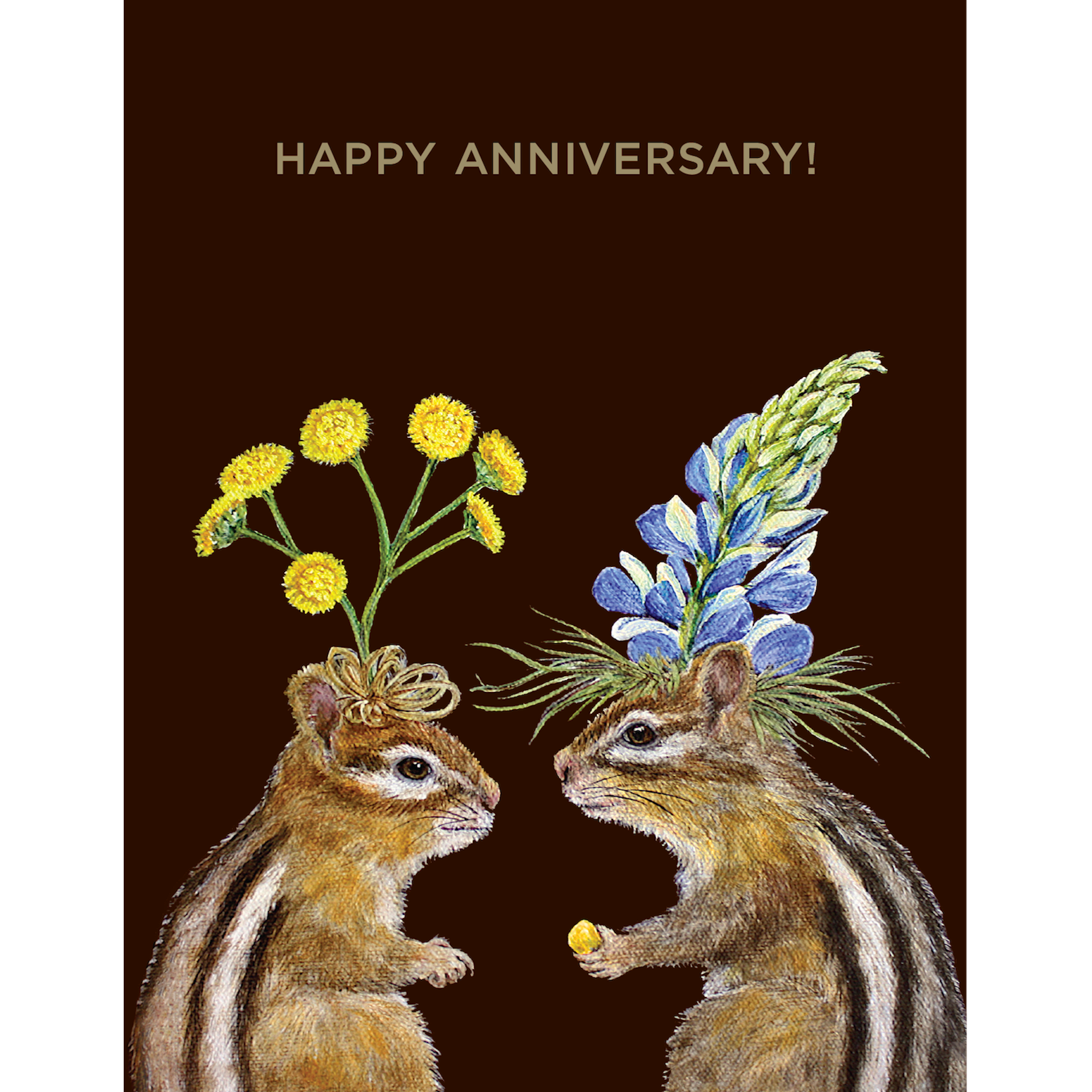 Two Hester &amp; Cook chipmunks with flowers on their heads, perfect for an Anniversary Chipmunks Card, set against a warm brown background.