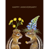 Two Hester & Cook chipmunks with flowers on their heads, perfect for an Anniversary Chipmunks Card, set against a warm brown background.