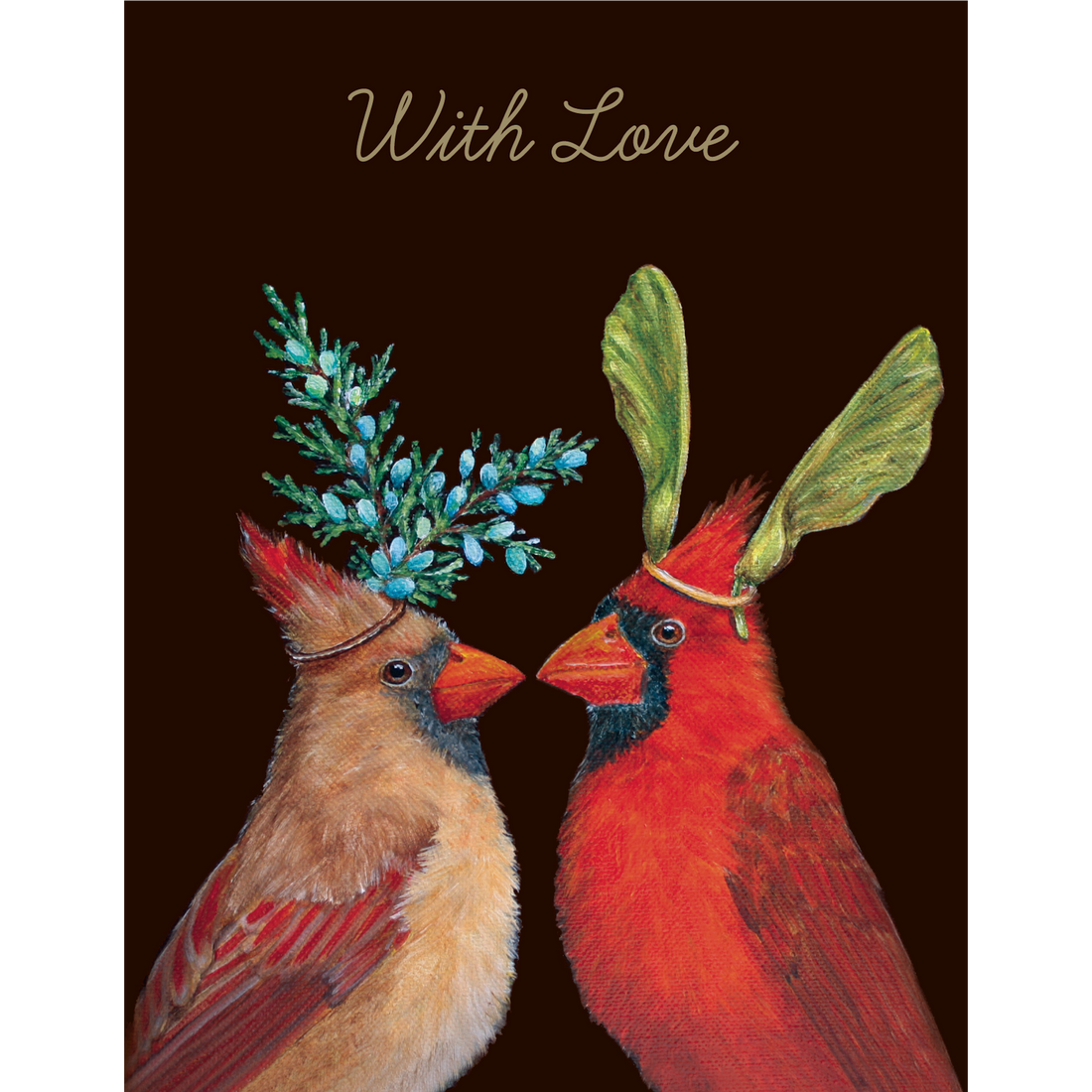 A stunning artwork by Vicki Sawyer featuring two Cardinal Love Cards adorned with holly berries on their heads by Hester &amp; Cook.