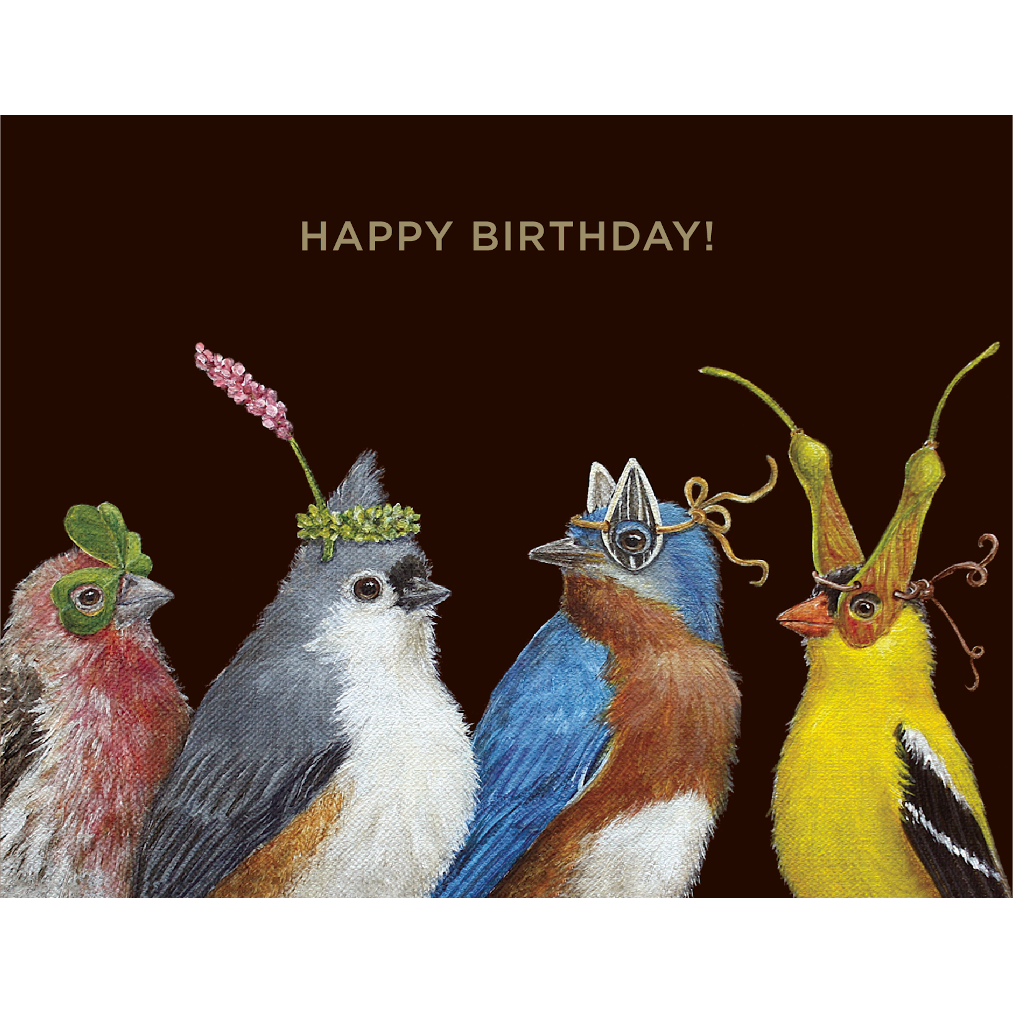 An original artwork by Vicki Sawyer depicting a Happy Birthday Masks Card by Hester &amp; Cook featuring a group of birds wearing hats.