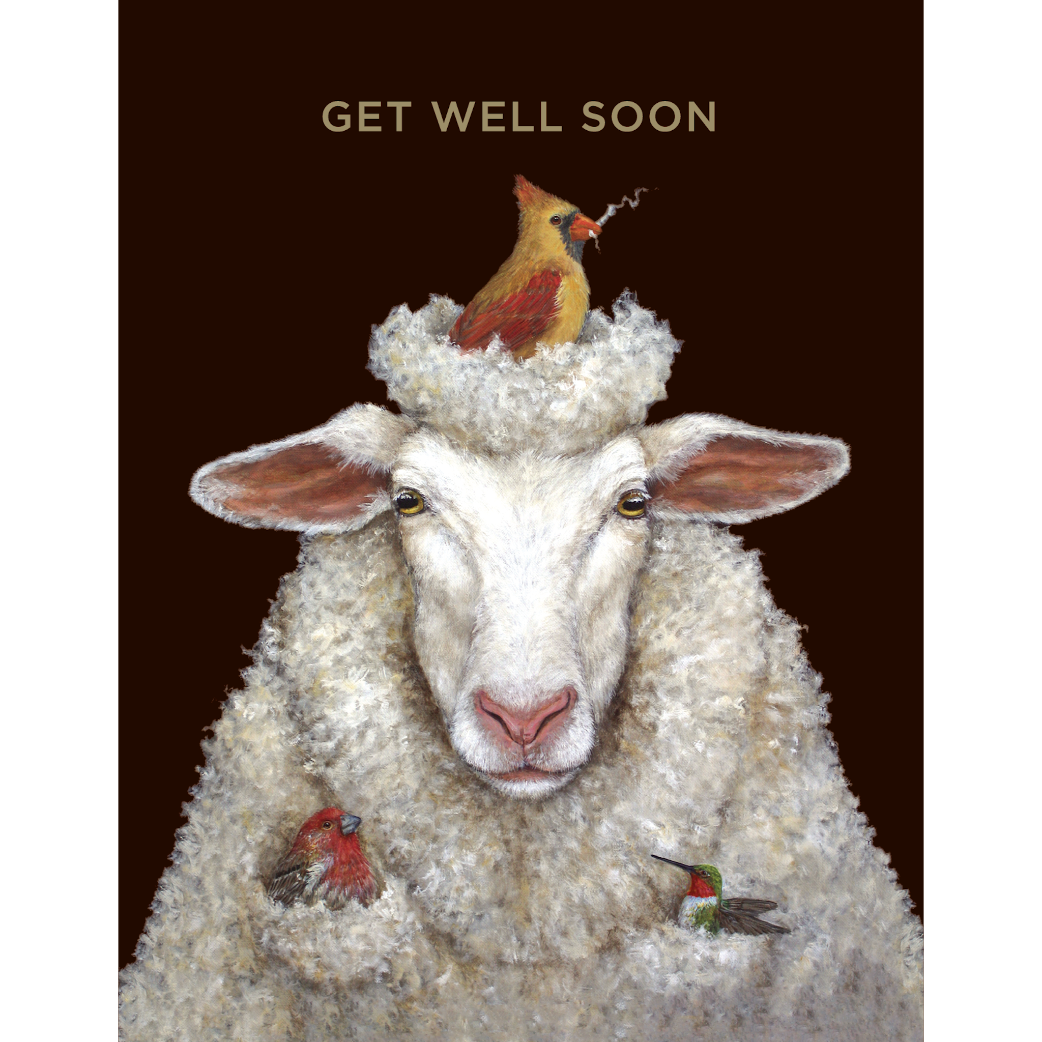 A Get Well Sheep adorned with a bird on its head and the words get well soon, featuring original artwork by Vicki Sawyer, created by Hester &amp; Cook.