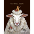 A Get Well Sheep adorned with a bird on its head and the words get well soon, featuring original artwork by Vicki Sawyer, created by Hester & Cook.