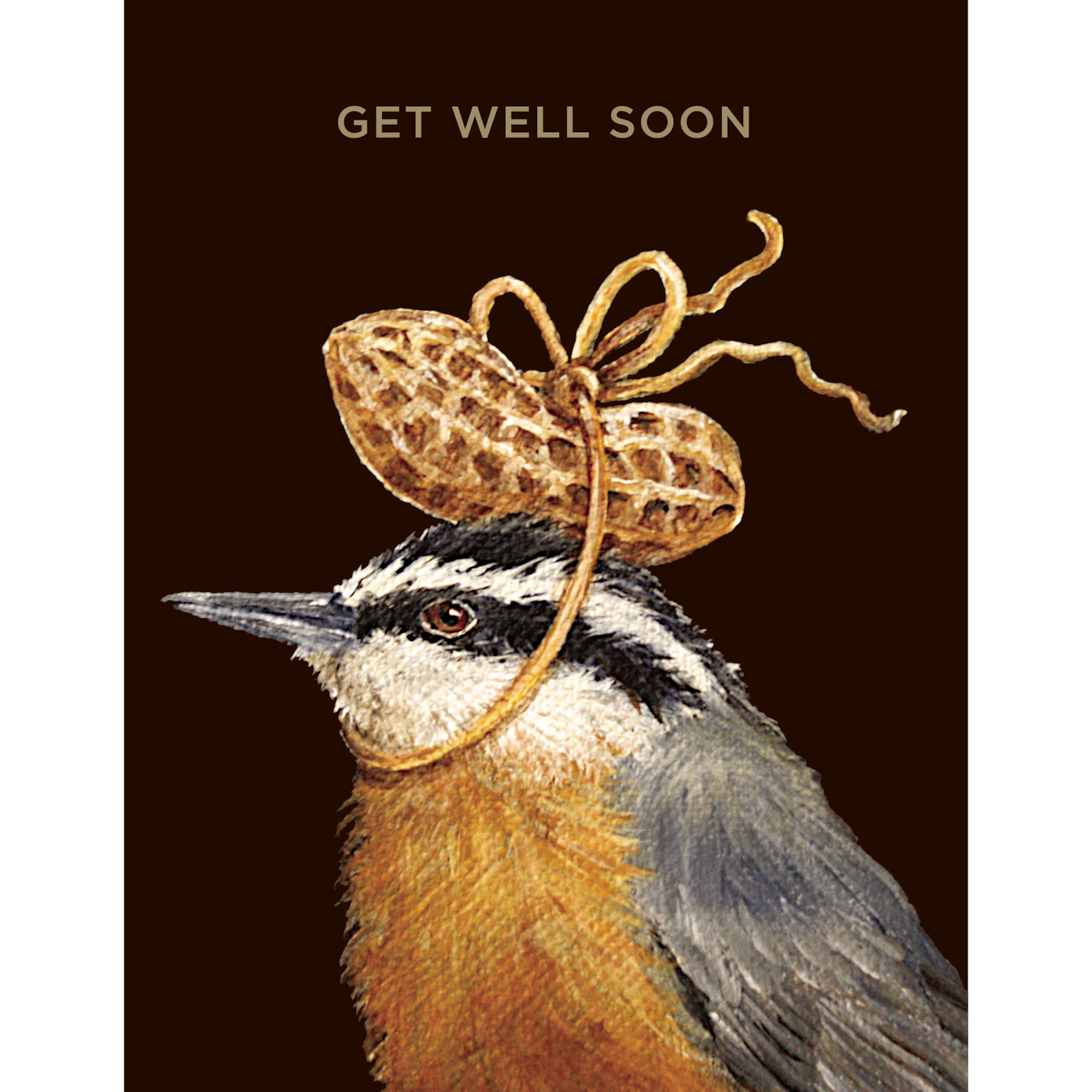 A Hester &amp; Cook card with an original artwork by Vicki Sawyer featuring a bird wearing a hat and saying &quot;Get Well Peanut.