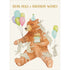 A whimsical illustration of a large brown bear in a party hat, holding balloons and a birthday cake, with sever gray rabbits hugging their large friend on a cream background, with "Bear Hugs & Birthday Wishes" printed in gold across the top.
