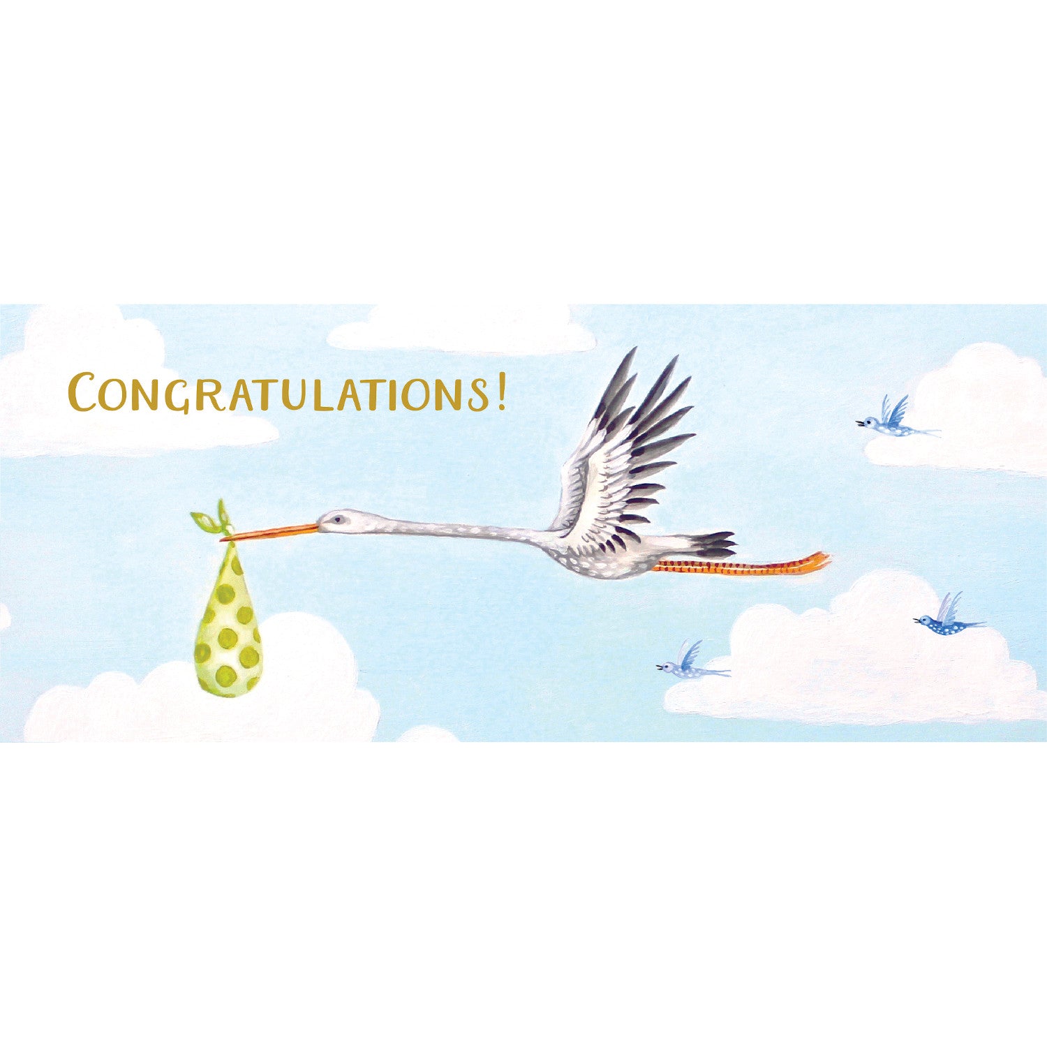A stork is flying with a baby in the sky, creating a Hester &amp; Cook Bundle of Joy Card artwork.