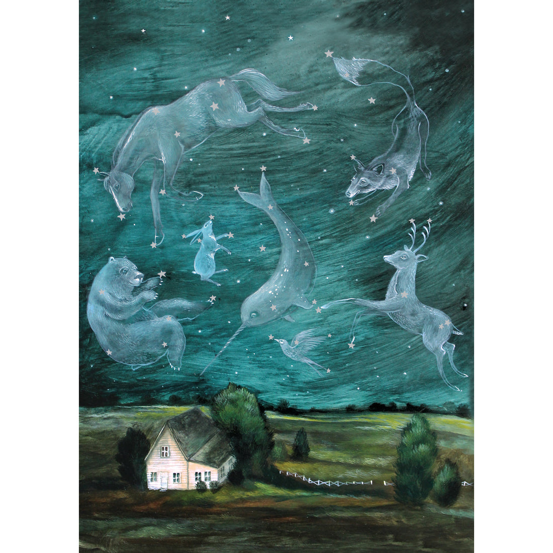 A whimsical illustration of the starry night sky sprawling over a farmhouse; faint outlines of animals fill the sky, including a horse, bear, fox, narwhale, rabbit, deer, and bird.