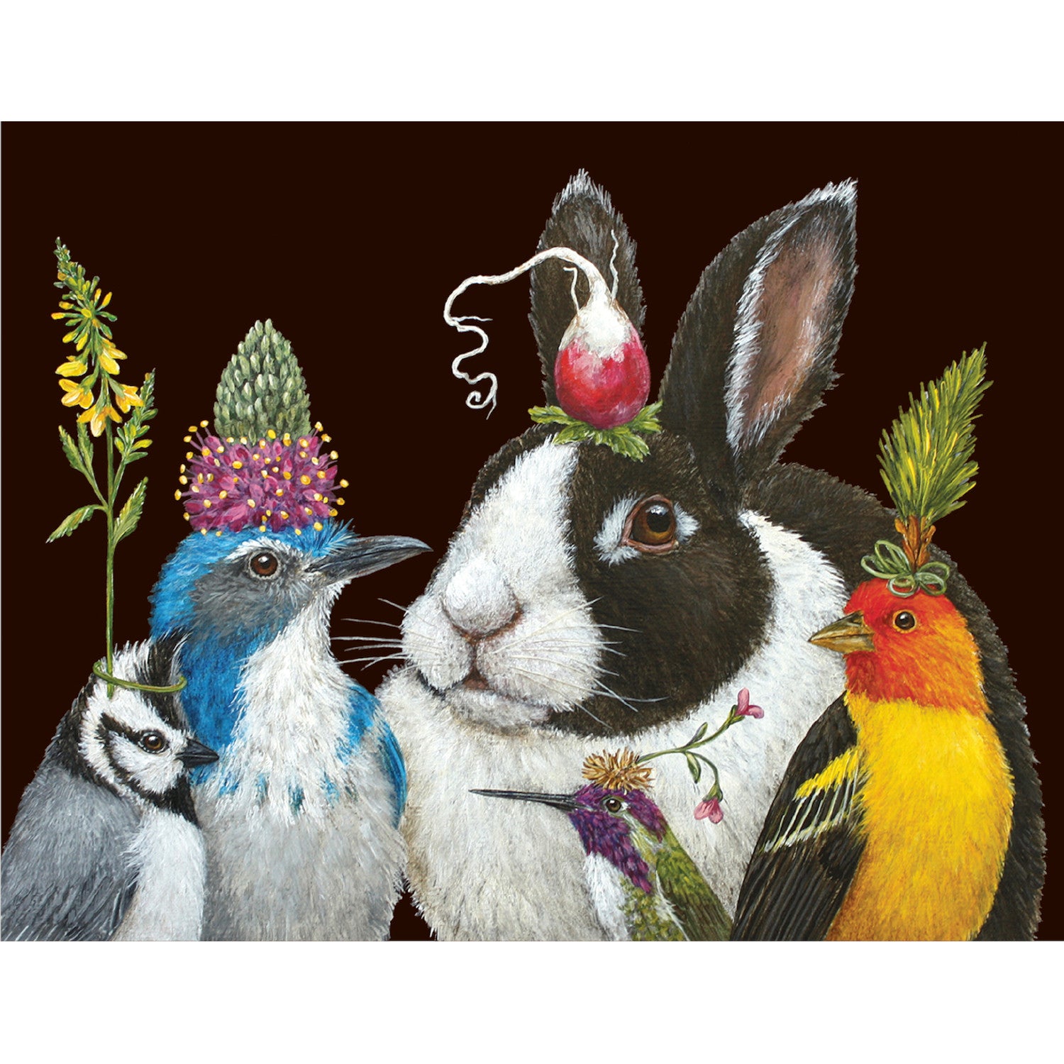 An artistic fun You Look Radishing Card featuring a bunny and a bird with flowers on their heads, complimented by a special message created by Hester &amp; Cook.