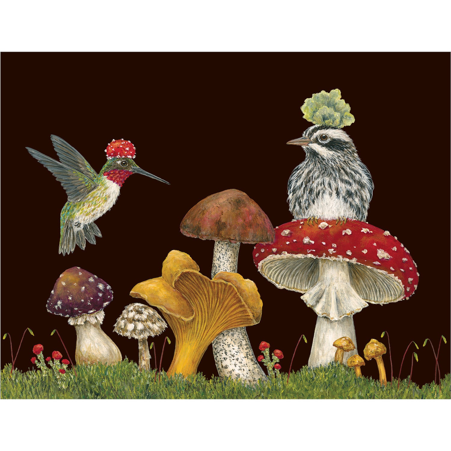 Two Fun Guys card featuring artwork of hummingbirds and mushrooms on a brown background, with a special message, by Hester &amp; Cook.